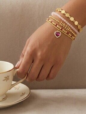 Emberly Gold and Pink 'Loved' Heart Charm Bracelet Stack